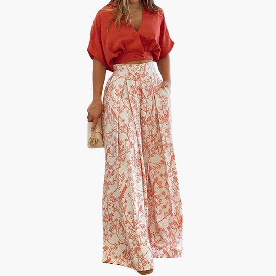 Women’s two-piece set with puff sleeve top and palazzo trousers