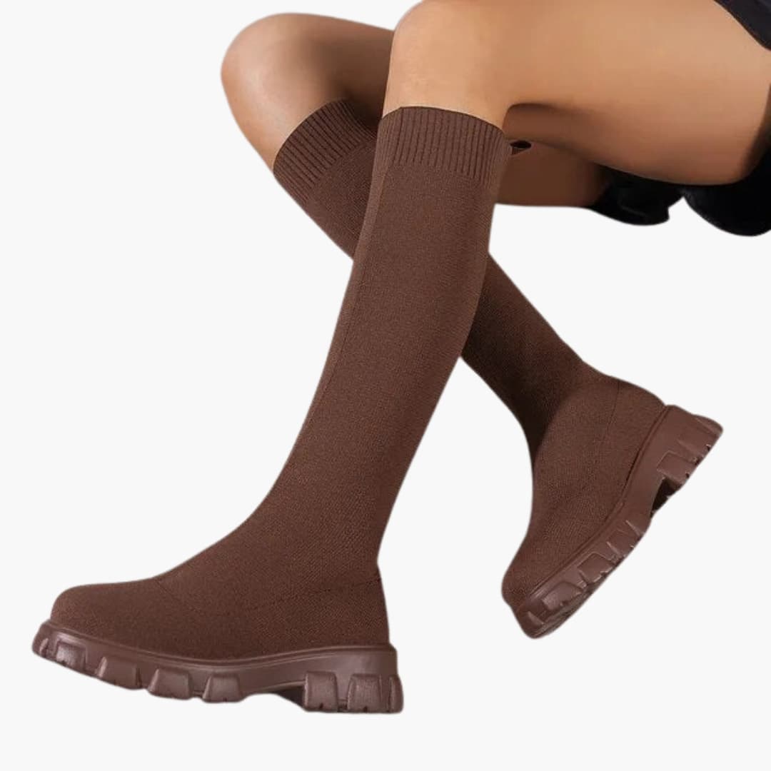 Women’s winter knee-high boots with stretch knit and round toe