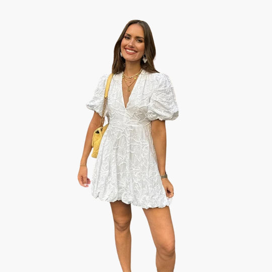 Women’s summer mini dress with puff sleeves and round neckline