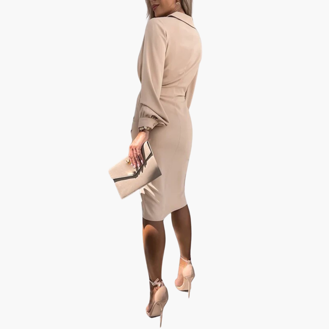 Wrap Dress with V-Neck and Long Sleeves - Women's Elegant Fit