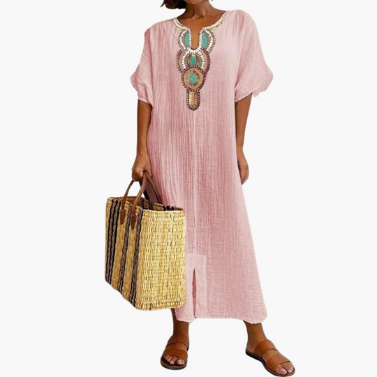 Airy Kaftan Dress with Ethnic Accent - Women’s Boho Summer Style