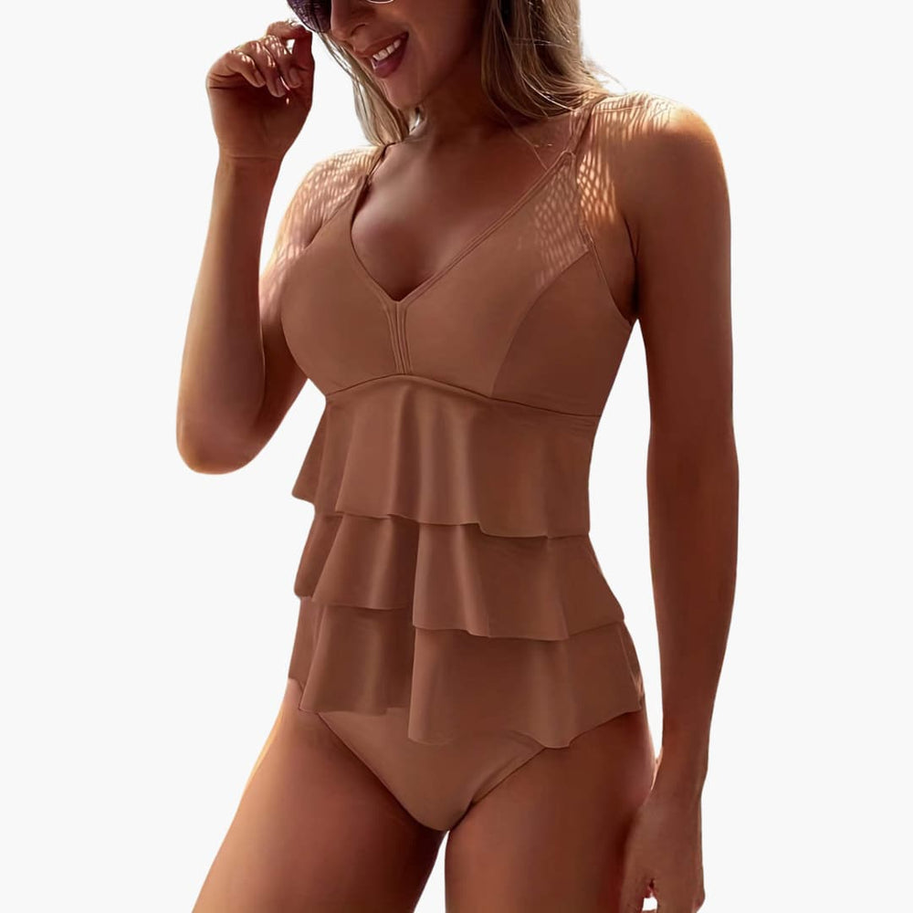 Women's one-piece swimsuit with V-neck and ruffle tiers