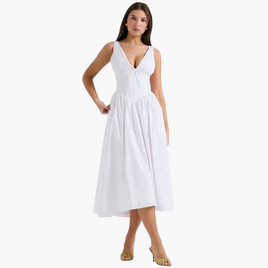 Women’s summer midi dress with V-neck and pockets
