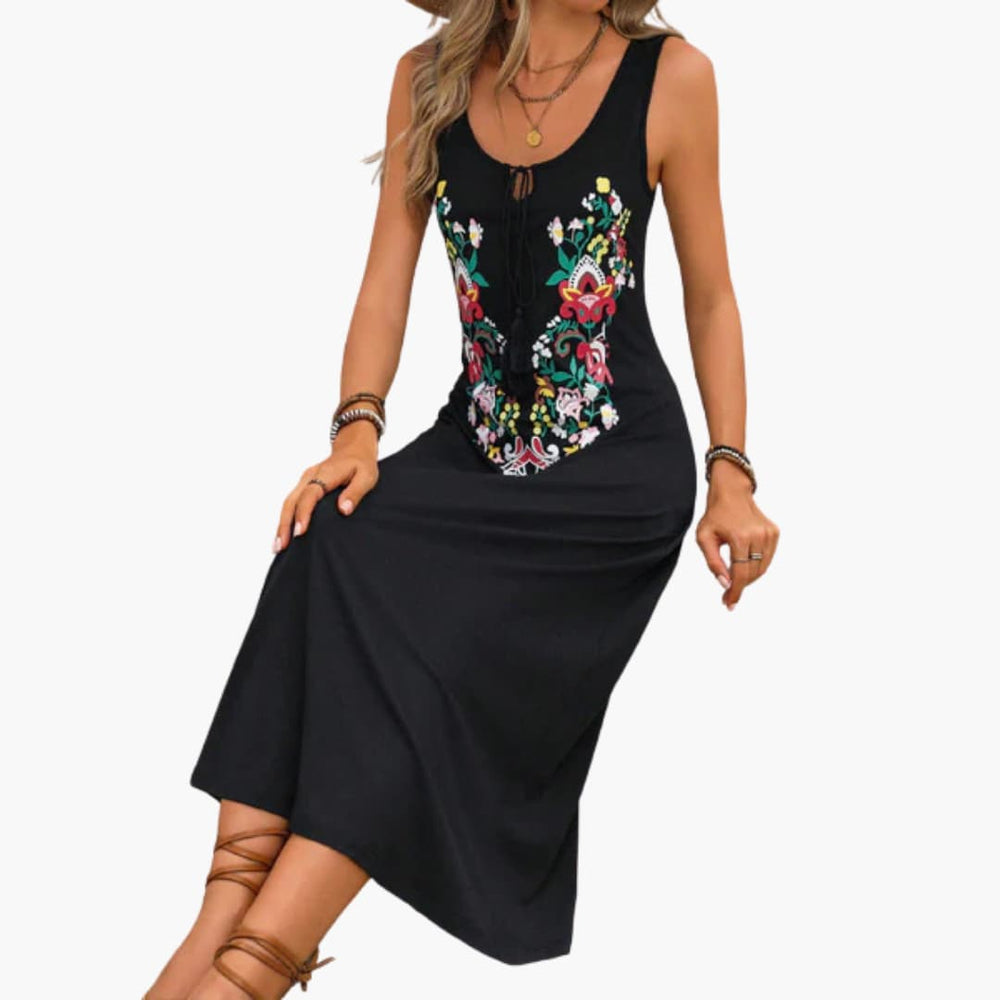 Women’s sleeveless midi dress with floral embroidery detail