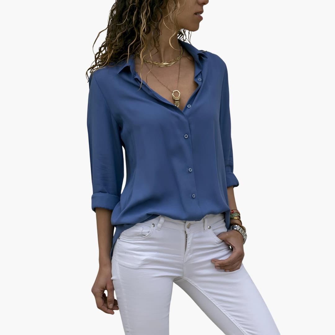 Women’s silk long sleeve blouse with collared V-neck front