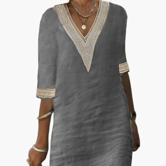 Women’s summer day dress with V-neck and 3/4 sleeves