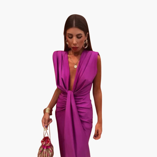 Women’s sleeveless evening dress with deep V-neck and ruched waist
