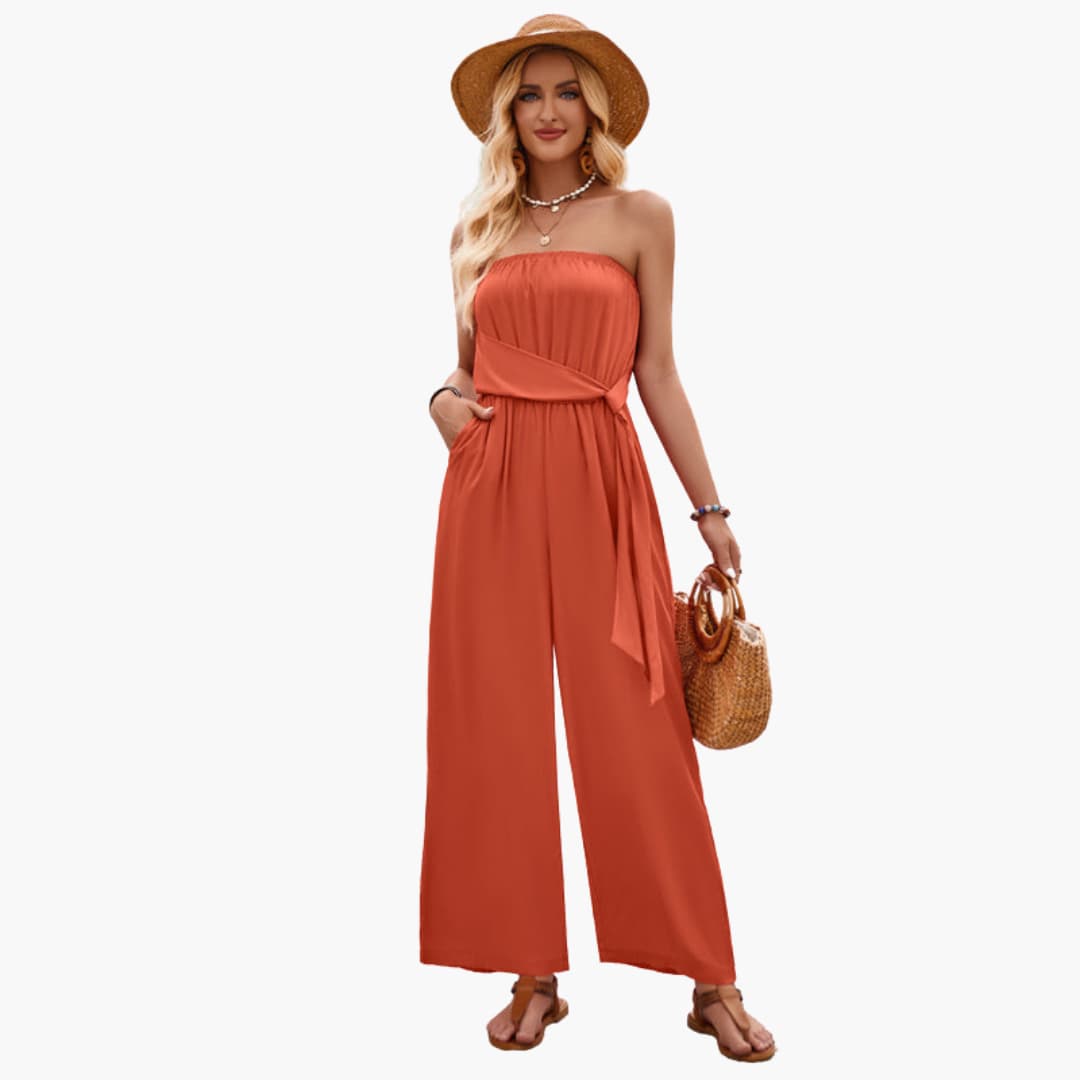 Women’s strapless summer jumpsuit with wide leg and waist tie