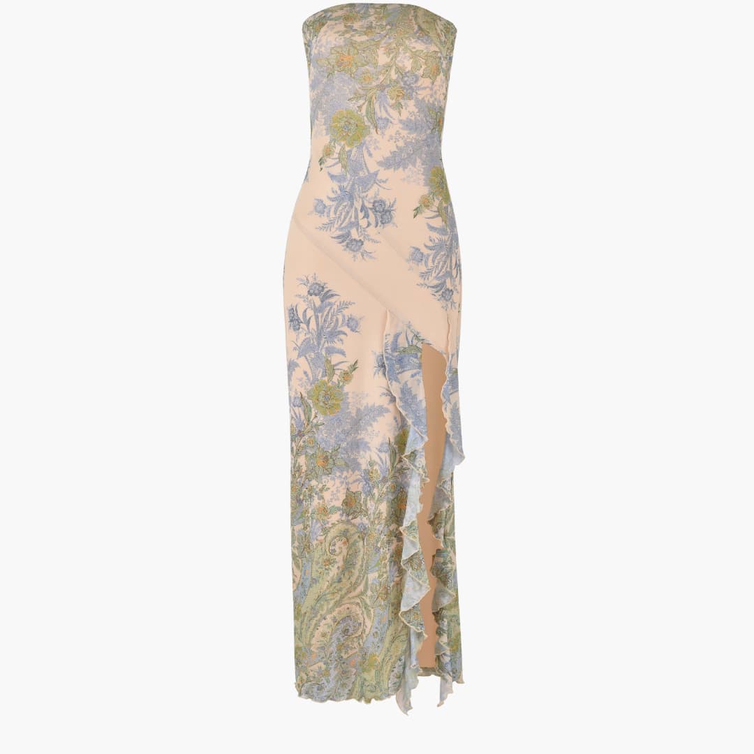 Women’s strapless floral maxi dress with high slit hemline