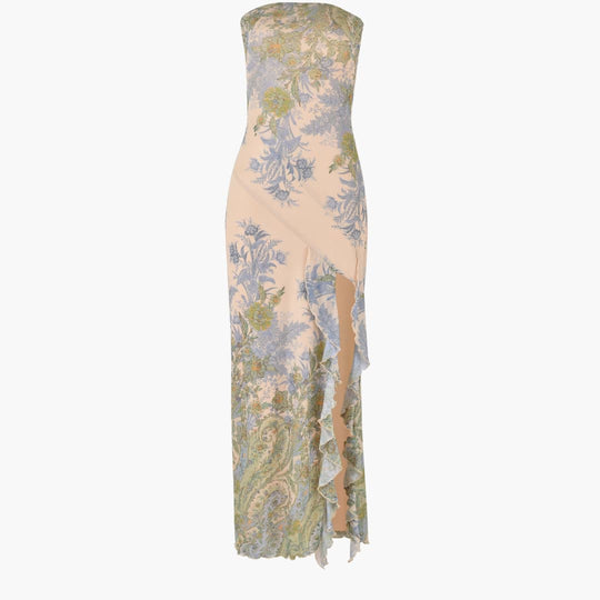 Women’s strapless floral maxi dress with high slit hemline