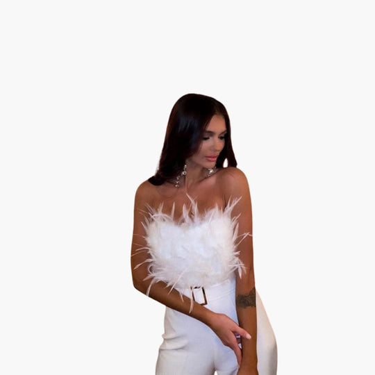 Women’s strapless feather top jumpsuit with wide-leg trousers