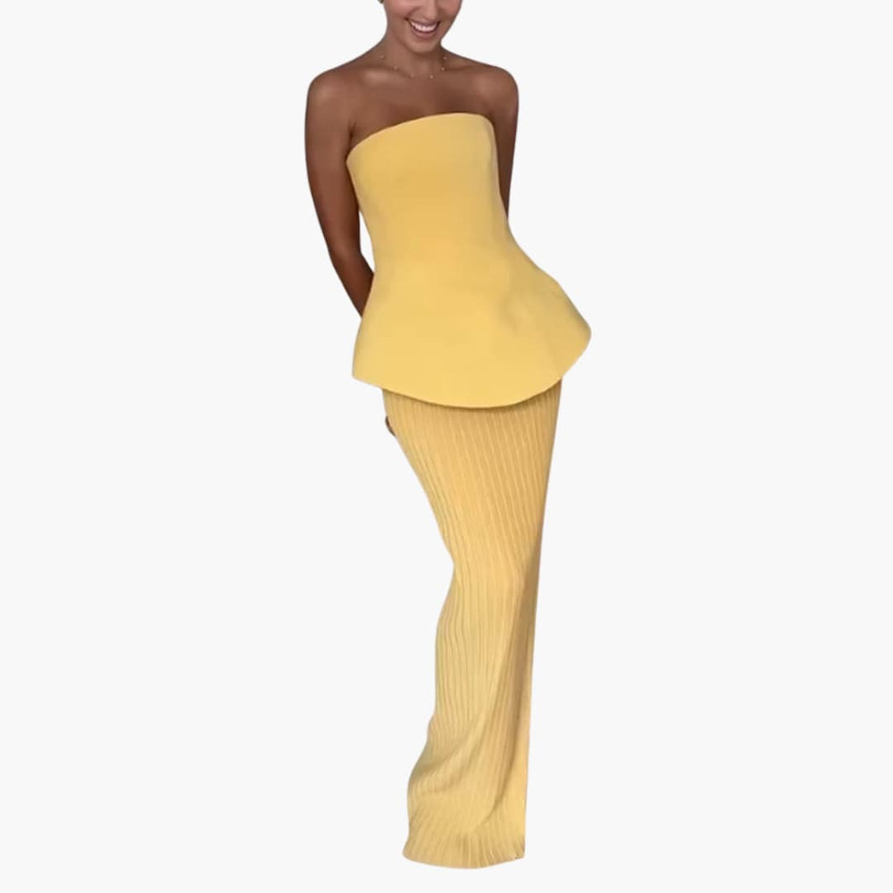 Women’s strapless maxi dress with pleated skirt and peplum bodice