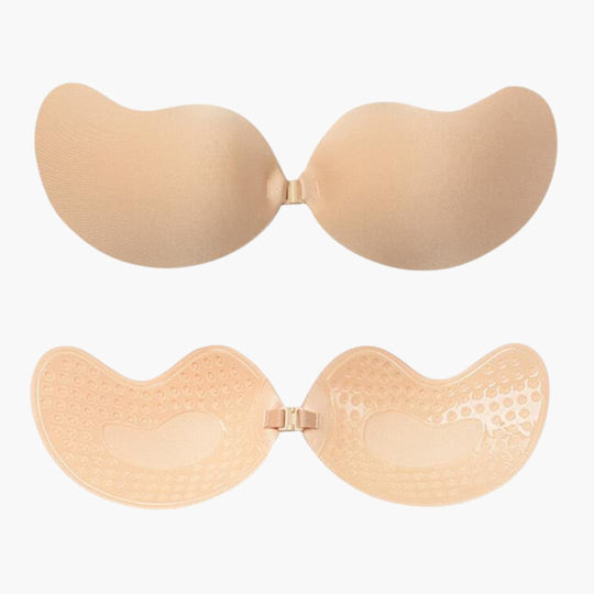 Women’s strapless push-up bra with adhesive and front clasp