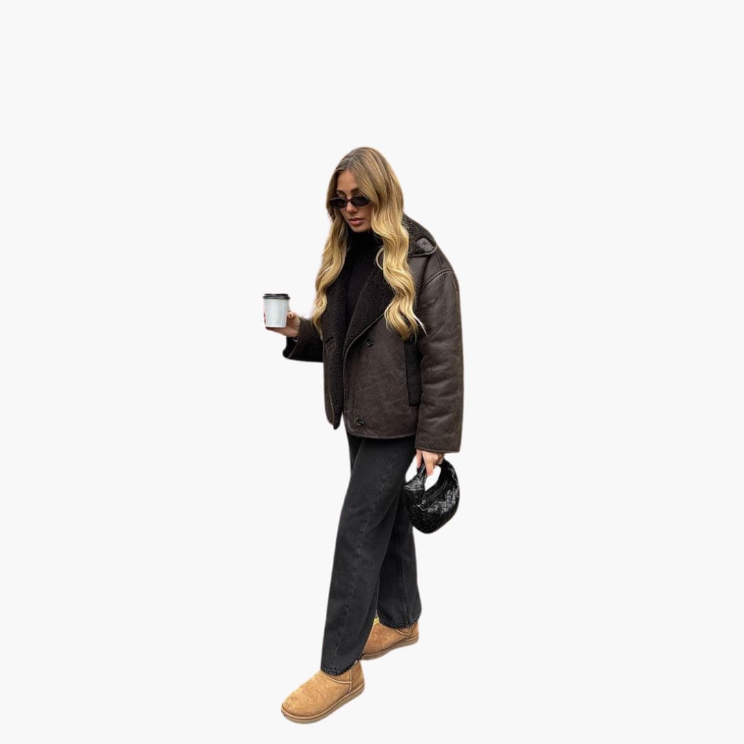 Faux Leather Shearling Jacket - Women's Warm Winter Coat