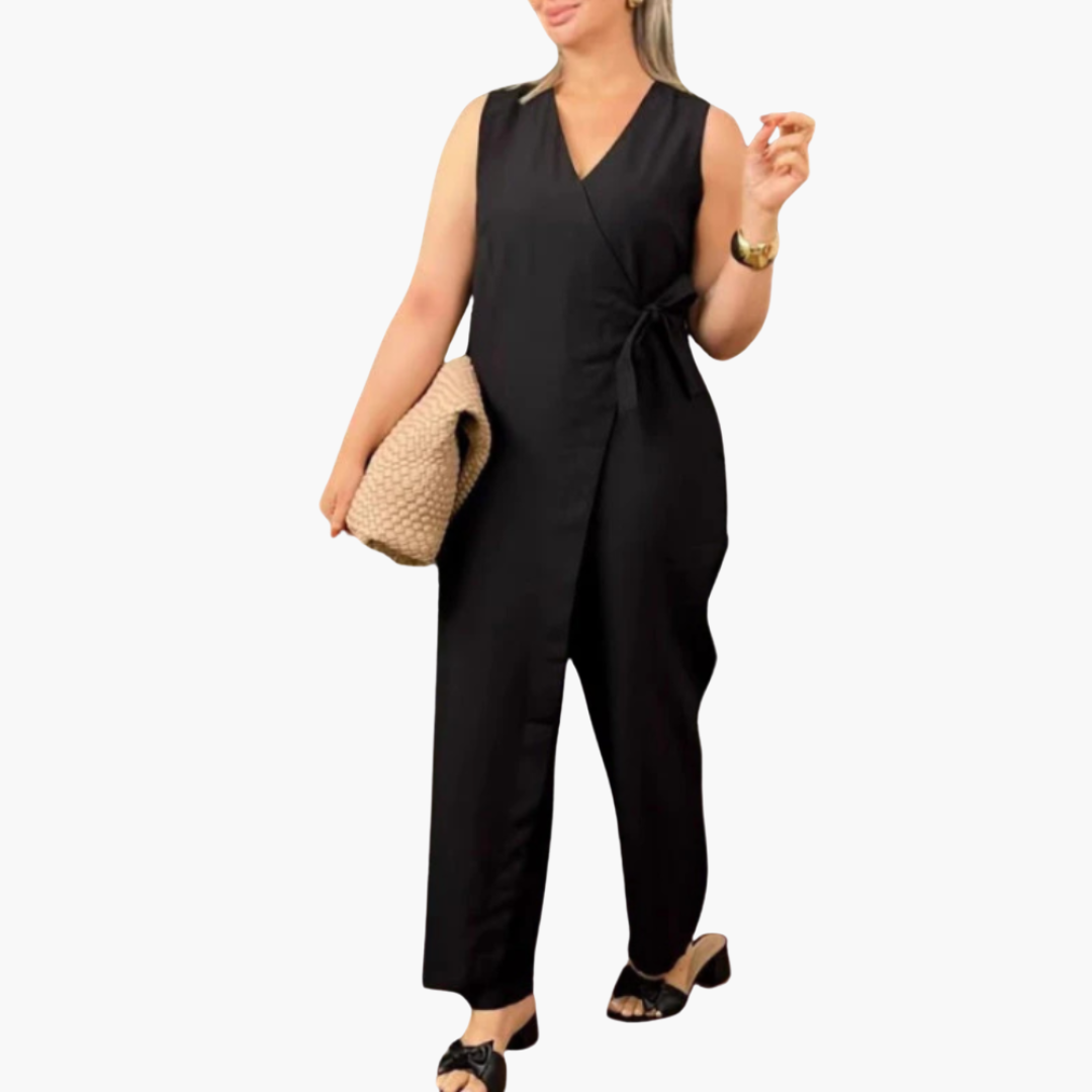 Wrap Jumpsuit for Women - Sleeveless Wide Leg Tie Waist