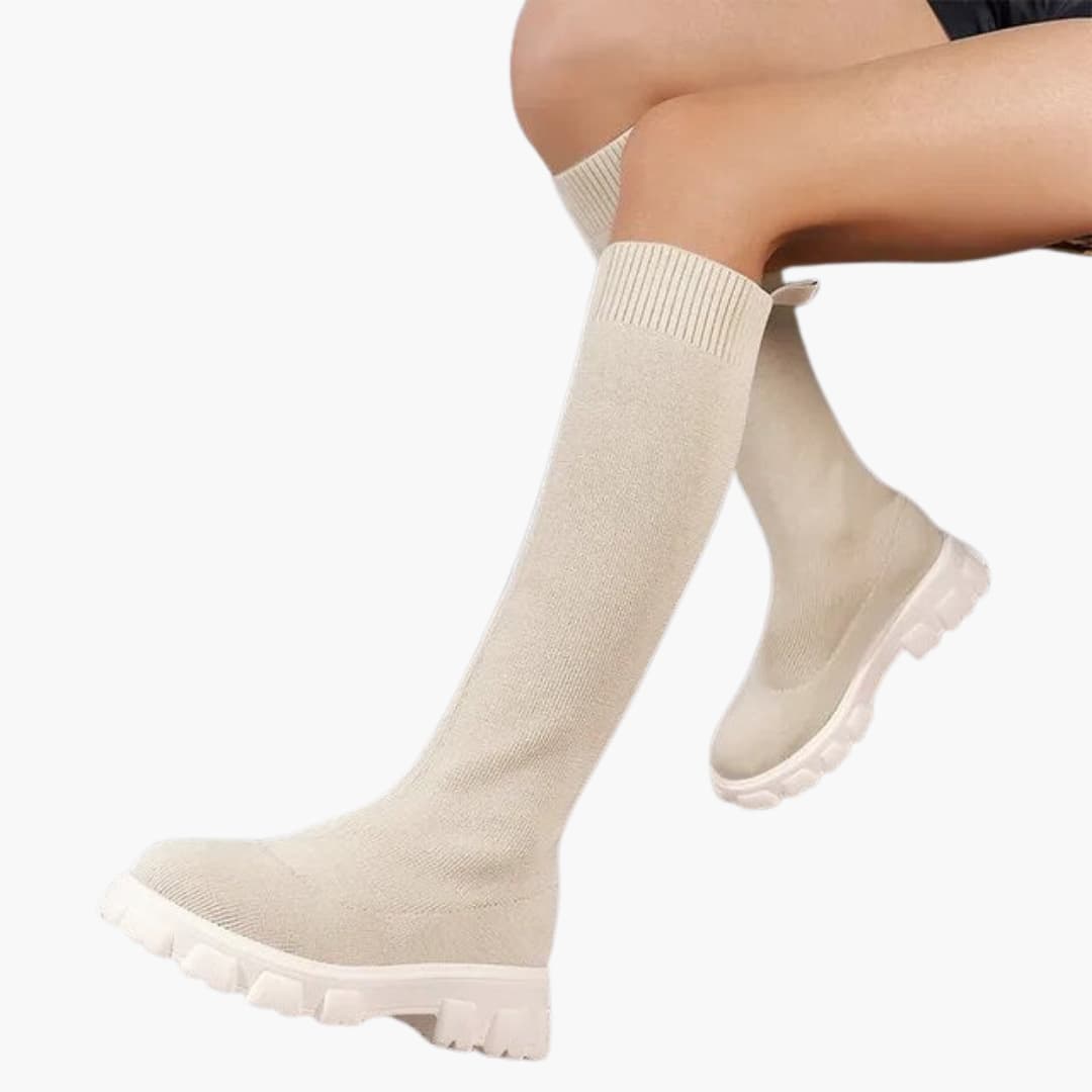 Women’s winter knee-high boots with stretch knit and round toe