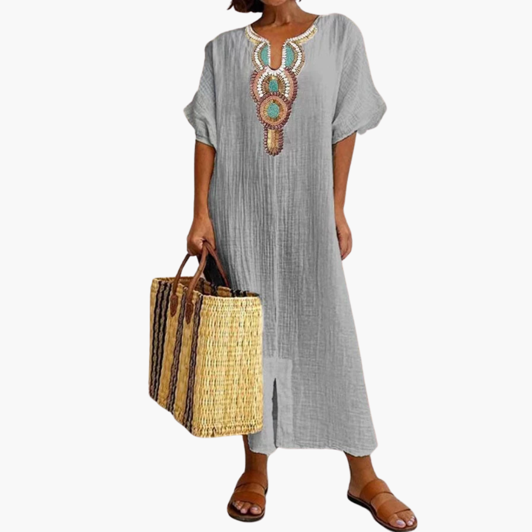 Airy Kaftan Dress with Ethnic Accent - Women’s Boho Summer Style