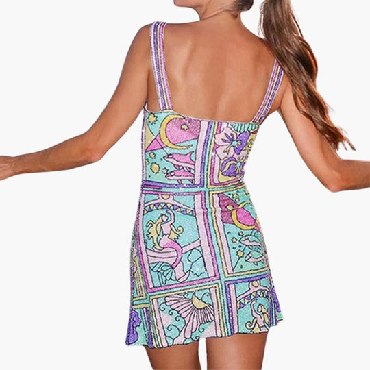 Women’s sleeveless mini dress with side slit and graphic print