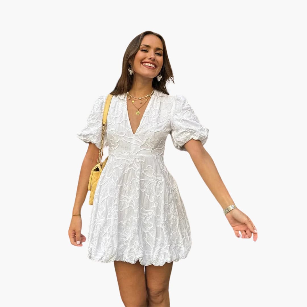 Women’s summer mini dress with puff sleeves and round neckline