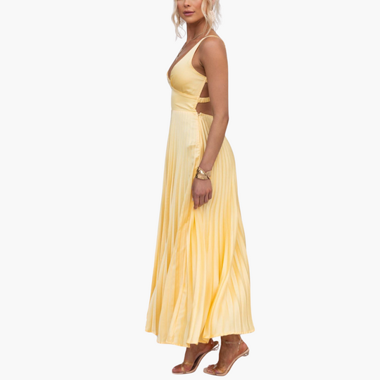 Yellow Pleated V-Neck Maxi Dress for Women - Elegant Evening Wear