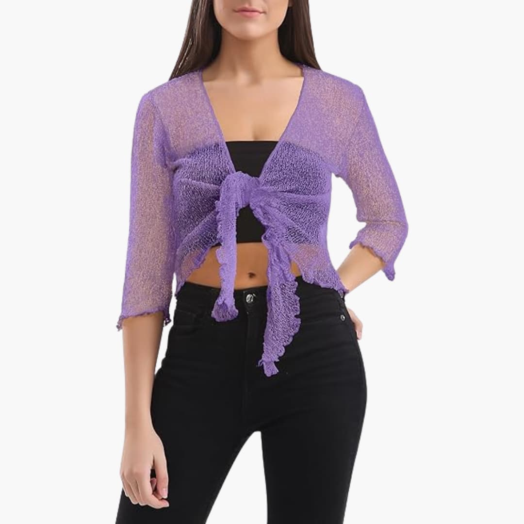 Women’s sheer cropped tie-up shrug with three-quarter sleeves