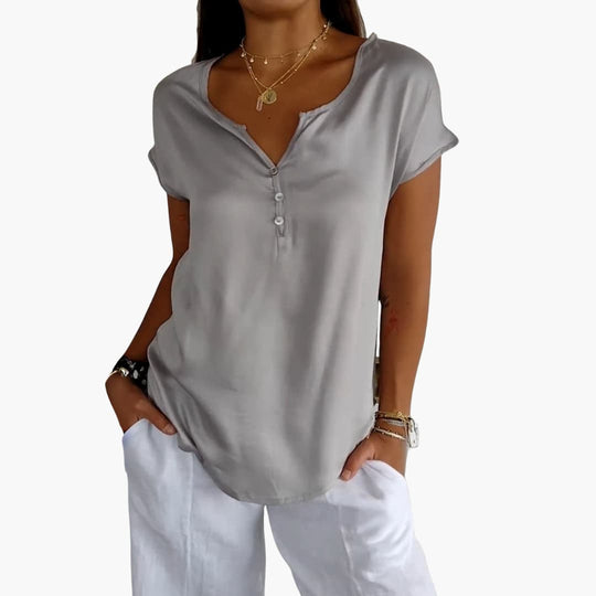 Women’s V-neck short sleeve top with button placket