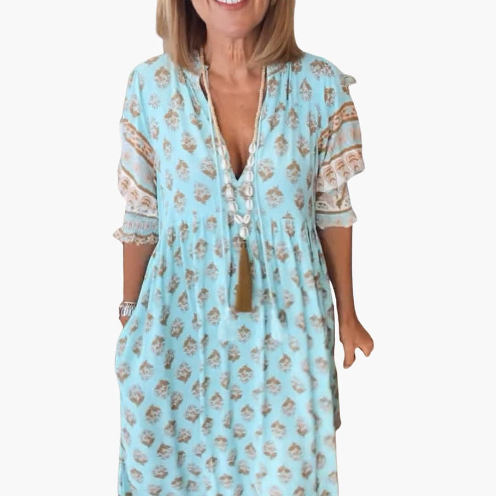 Women’s summer dress with V-neck and all-over print