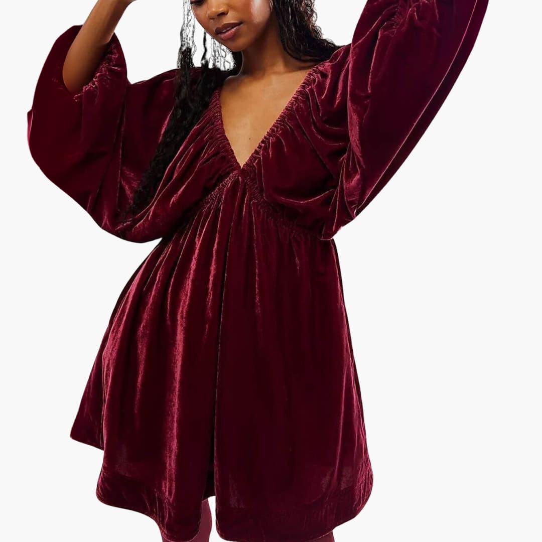 Women’s velvet mini dress with long sleeves and V-neckline