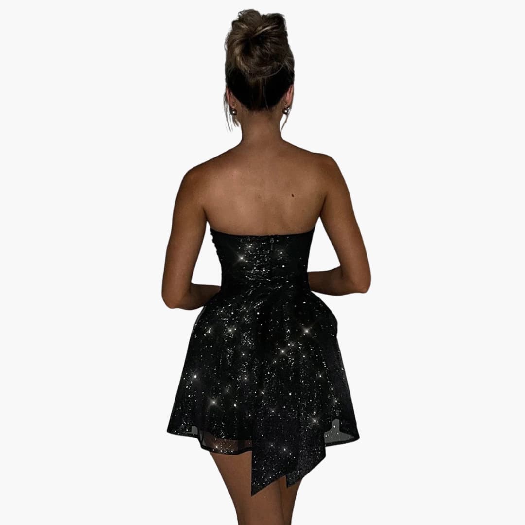Women’s strapless mini dress with sequins and back bow detail