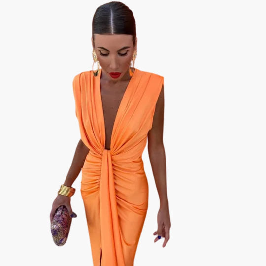 Women’s sleeveless evening dress with deep V-neck and ruched waist