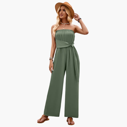 Women’s strapless summer jumpsuit with wide leg and waist tie