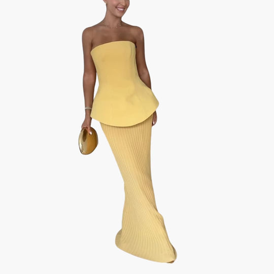 Women’s strapless maxi dress with pleated skirt and peplum bodice