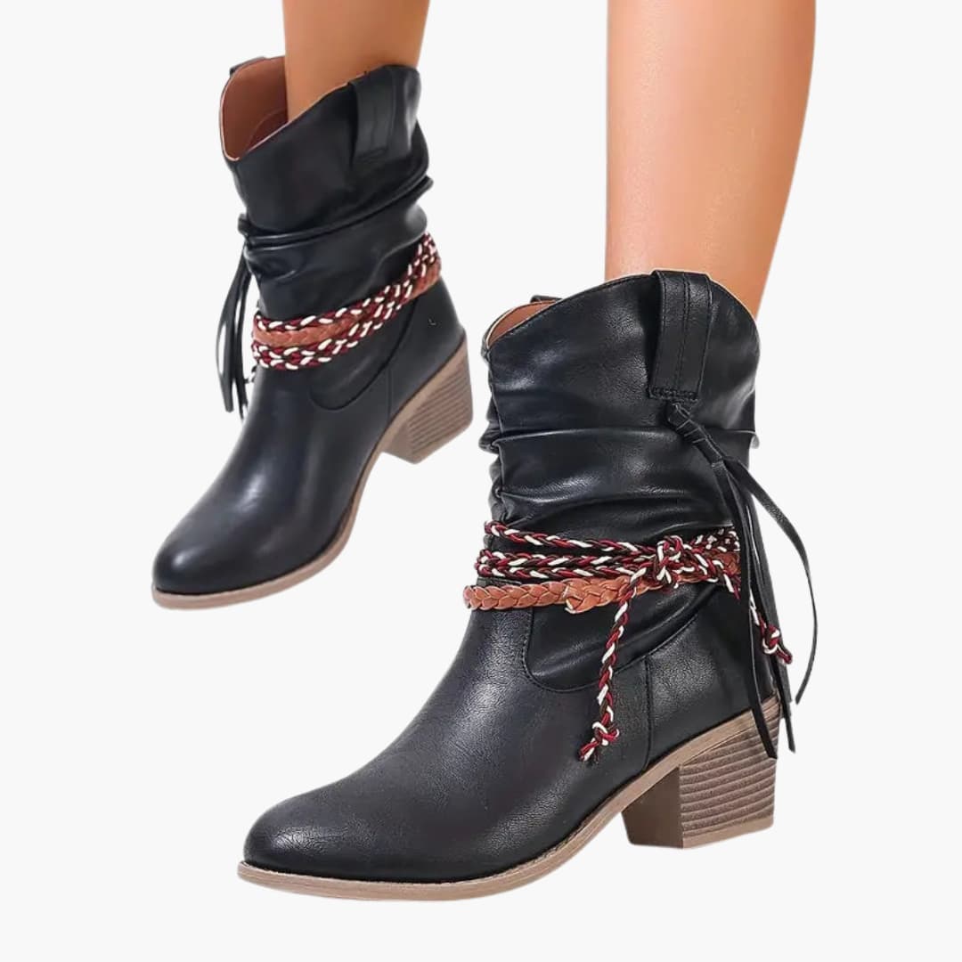 Women’s Western ankle boots with block heel and tassel detail