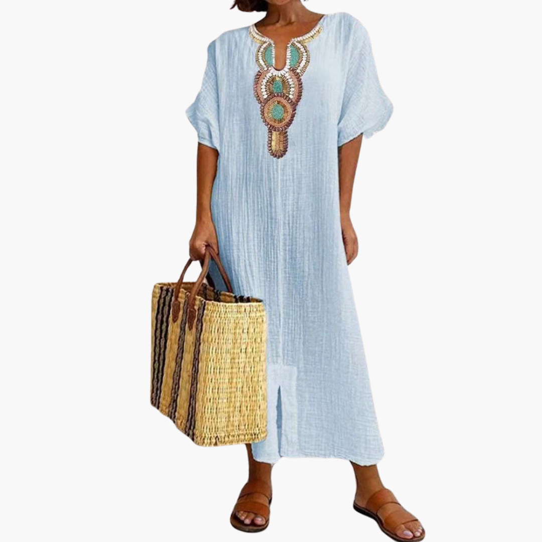 Airy Kaftan Dress with Ethnic Accent - Women’s Boho Summer Style