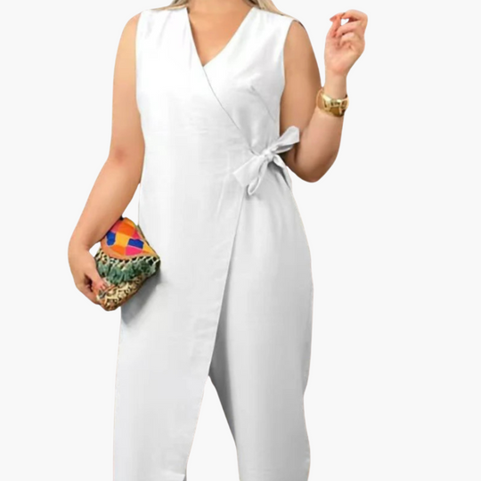 Wrap Jumpsuit for Women - Sleeveless Wide Leg Tie Waist