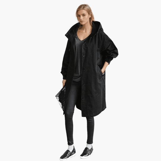 Women’s trench coat with hood and breathable water-repellent fabric