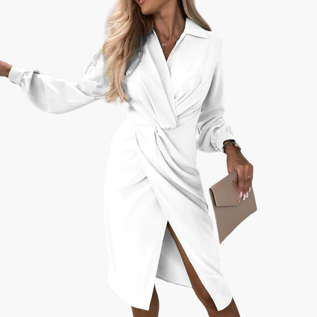Wrap Dress with V-Neck and Long Sleeves - Women's Elegant Fit