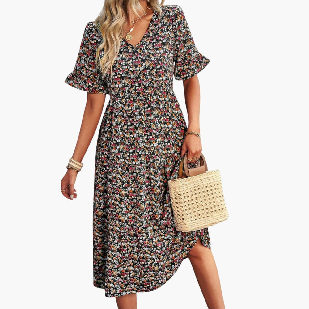 Women’s summer midi dress with floral print and short sleeves