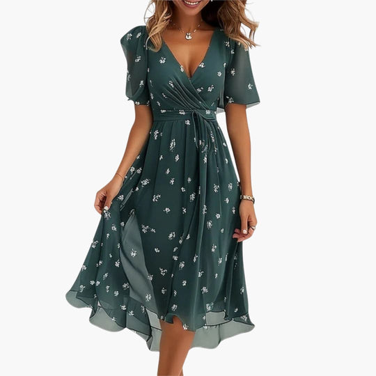 Women’s summer midi dress with high-low hem and V-neck