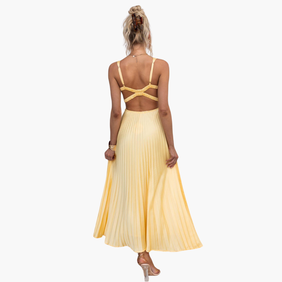 Yellow Pleated V-Neck Maxi Dress for Women - Elegant Evening Wear