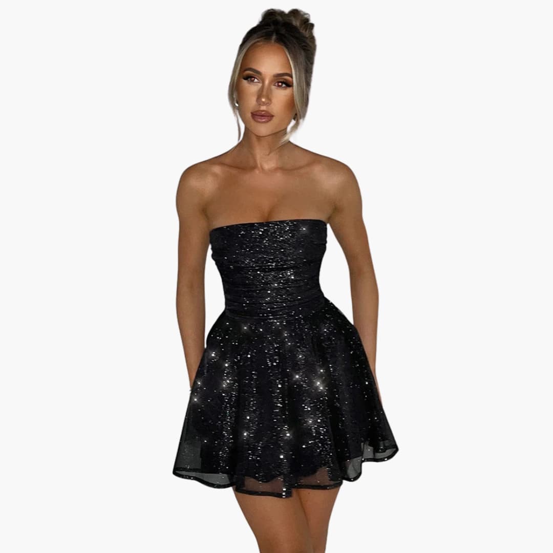 Women’s strapless mini dress with sequins and back bow detail