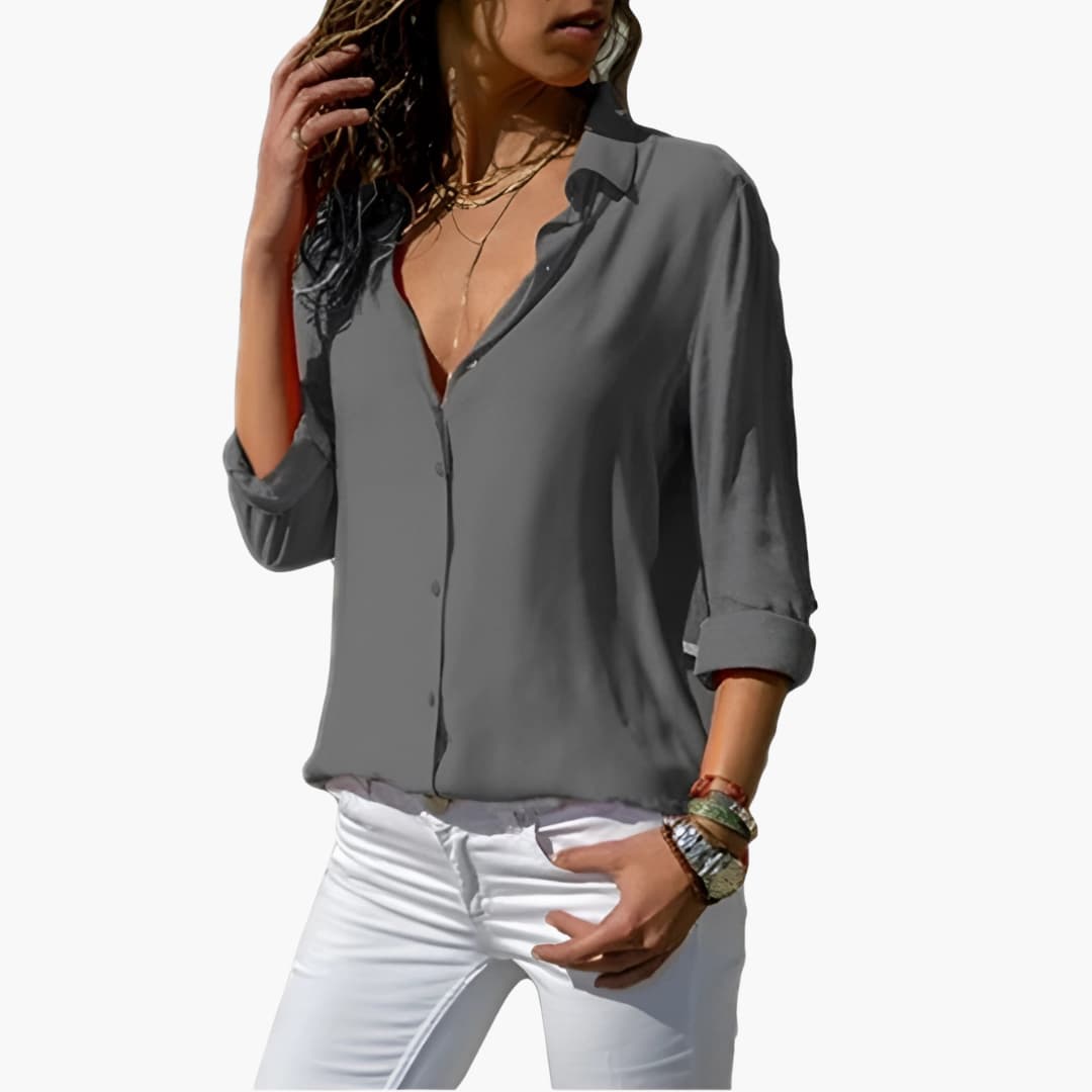 Women’s silk long sleeve blouse with collared V-neck front