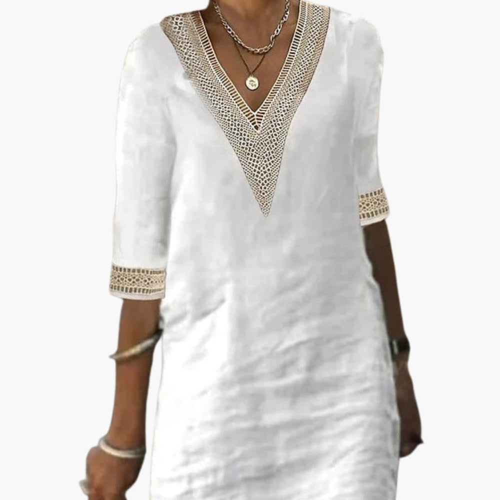 Women’s summer day dress with V-neck and 3/4 sleeves