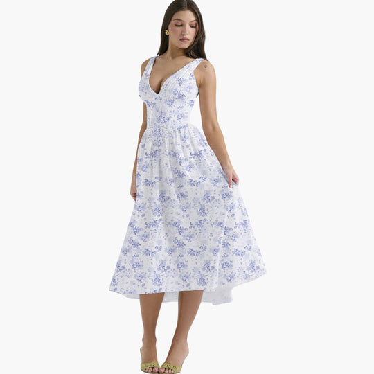 Women’s summer midi dress with V-neck and pockets