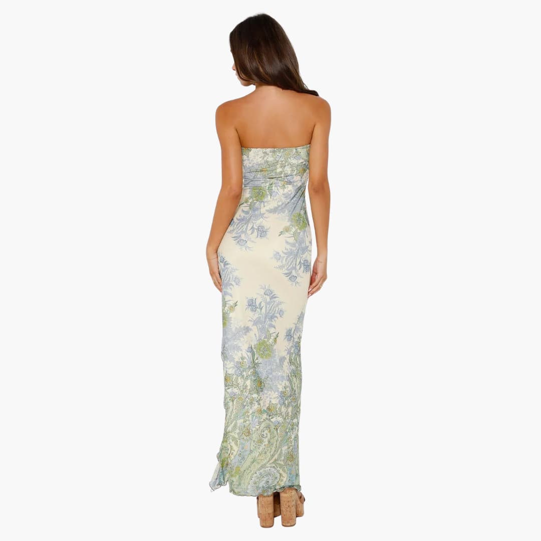 Women’s strapless floral maxi dress with high slit hemline