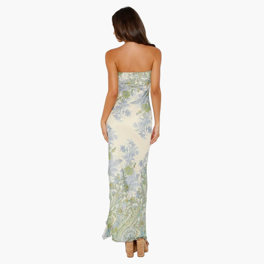 Women’s strapless floral maxi dress with high slit hemline
