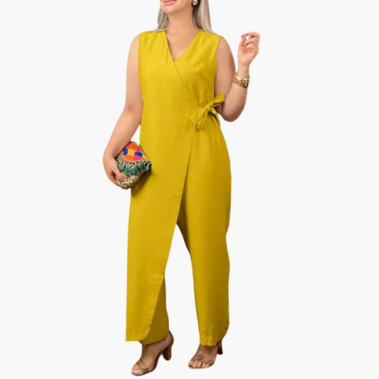Wrap Jumpsuit for Women - Sleeveless Wide Leg Tie Waist