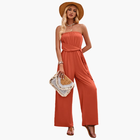 Women’s strapless summer jumpsuit with wide leg and waist tie