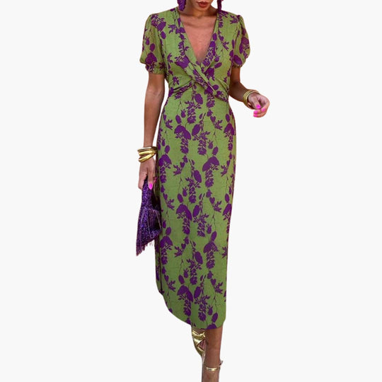 Women’s summer midi dress with puff sleeves and twist waist