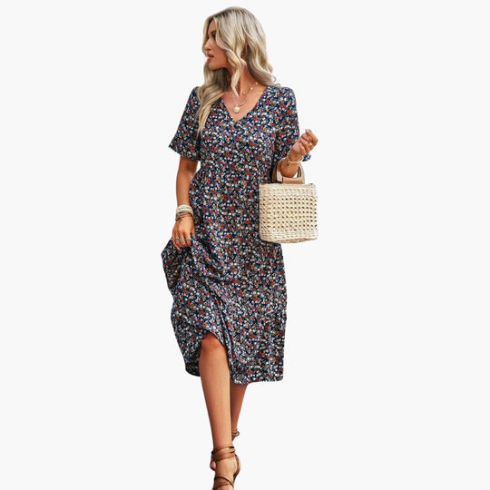 Women’s summer polyester dress with floral print and short sleeves